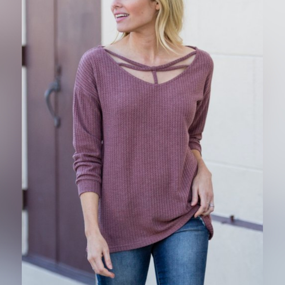 $15 Or Two For $20 Soft light burgundy cotton criss cross detail v-neck top